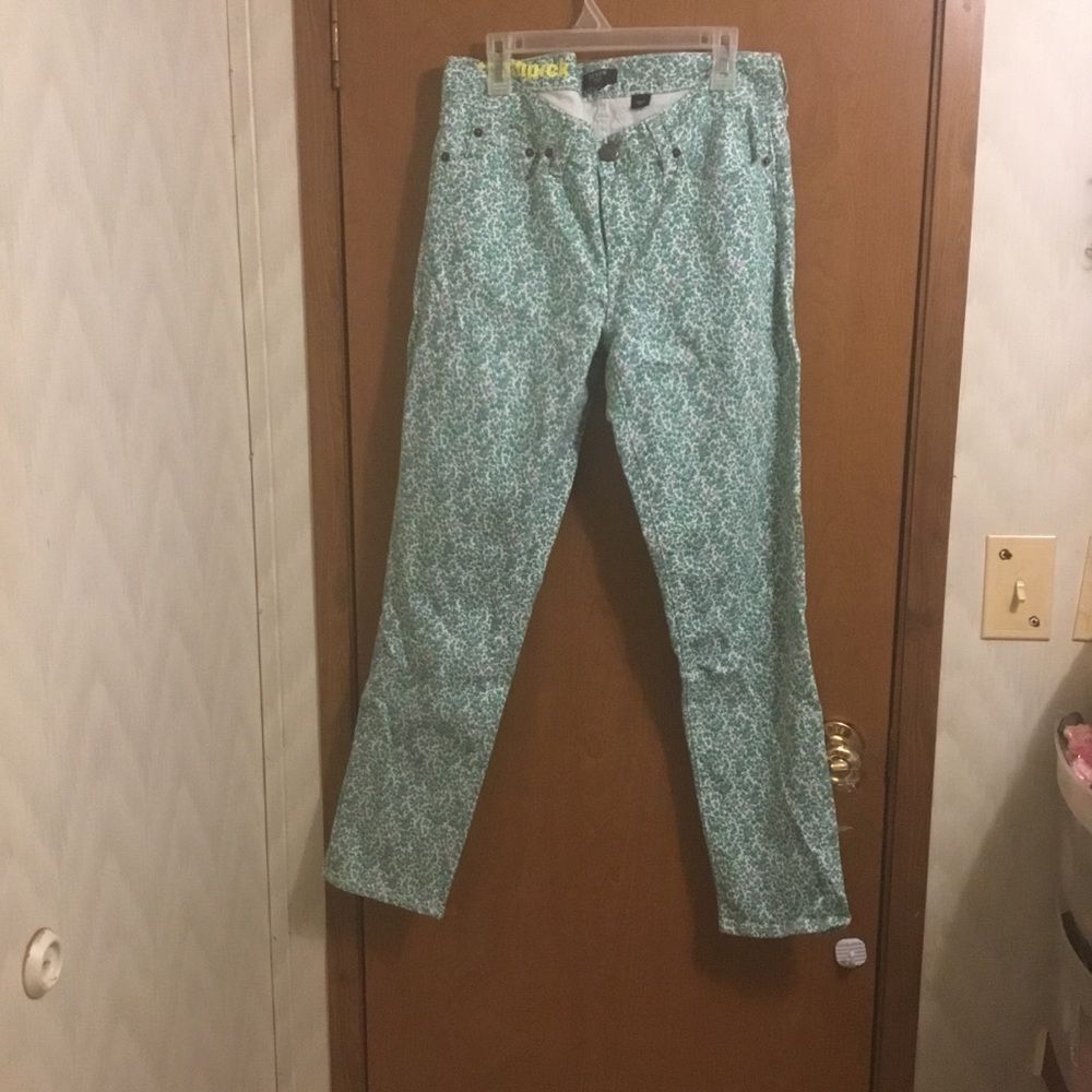 J Crew Floral Print Toothpick Stretch Floral Straight Leg Zip Green Jeans 31